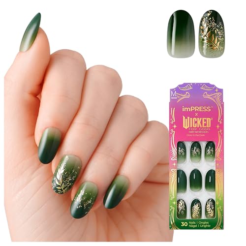 imPRESS X WICKED: FOR GOOD Press On Nails, ‘Defy Expectations’, Green, Medium Oval, New Improved Adhesive, Up To 10 Day Hold, Includes 30 Fake Nails, 1 Prep Pad, 1 Manicure Stick, 1 Mini File
