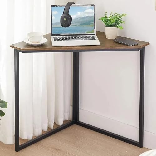 VECELO Corner Desk for Living Room for Small Space Triangle Computer Desk with Steel Frame Desk with Metal Frame Corner Writing Desk for Workstation Retro Brown 33.1"