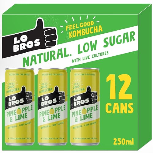 Lo Bros Kombucha - Pineapple & Lime - Sparkling Refreshing Drink with Natural Ingredients and Live Cultures, Supports Gut Health, Low Sugar, Vegan, Gluten Free - 12 x 250ml