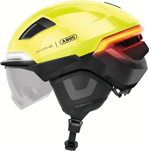 ABUS Fahrradhelm HYP-E BL.ACE - mit Front-, Rück- und Blinklicht sowie kabellos zu aktivierendem Bremslicht - mit Visier (klar) und Ohrenschützern - f