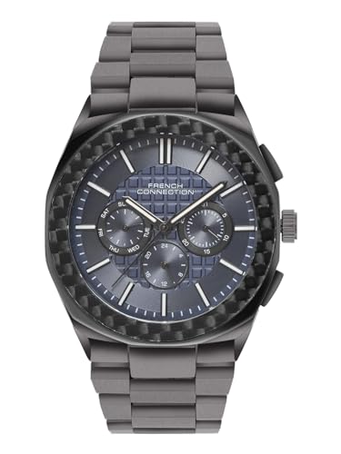 French Connection Textured Blue Round Dial with IP Gun Stainless Steel Metal Strap Multifunction Watch - for Mens FCH27GNM