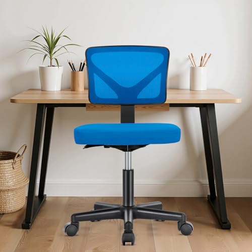 Sweetcrispy Office Desk Chair, Ergonomic Low-Back Mesh Rolling Work Swivel Chairs with Wheels, Armless Comfortable Seat Lumbar Support for Home, Bedroom, Study, Student, Adults, Dark Blue