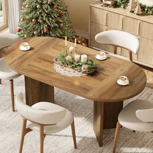 LITTLE TREE 63" Rustic Oval Dining Table for 4-6, Sturdy MDF Farmhouse Kitchen Table with Metal Strip Base, for Living Room, Office, Restaurant, Multi-Use, Umber