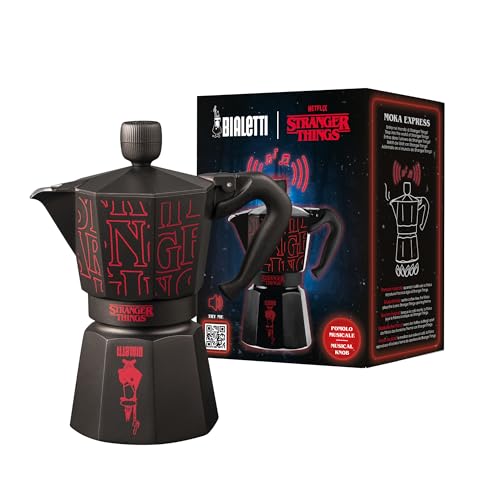 (-15%) Bialetti Moka Express Stranger Things 6 Tassen, Musikalischer Knauf mit USB-C Ladefunktion, nicht induktionsgeeignet, 6 Tassen (270 ml), Schwarz