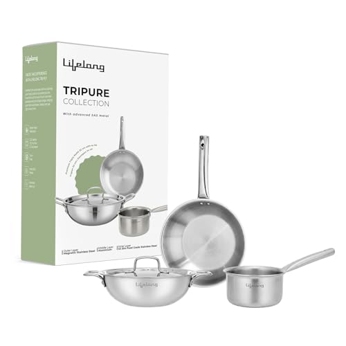 Lifelong Triply 4-piece cookware set |Kadai, Frypan & Saucepan for Cooking |Stainless Steel 22 cm Kadai & Fry Pan22 cm with Stainless Steel Lid | 14 c