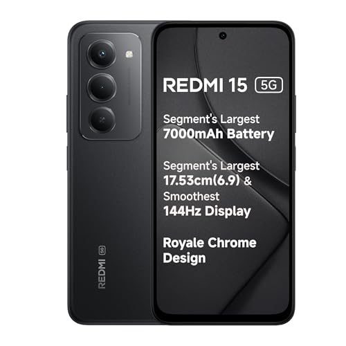 Redmi 15 5G Midnight Black 6GB + 128GB | Segment's Largest 7000mAhA Battery | Segment's Largest Display 17.53cm(6.9) Up to 144Hz | Snapdragon 6s Gen 3