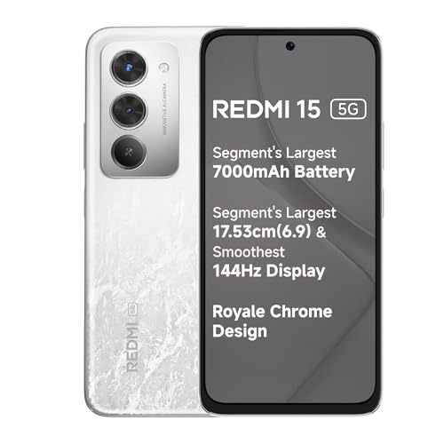 REDMI 15 5G Frosted White 6GB + 128GB | Segment's Largest 7000mAhA Battery | Segment's Largest Display 17.53cm(6.9) Up to 144Hz | Snapdragon 6s Gen 3*