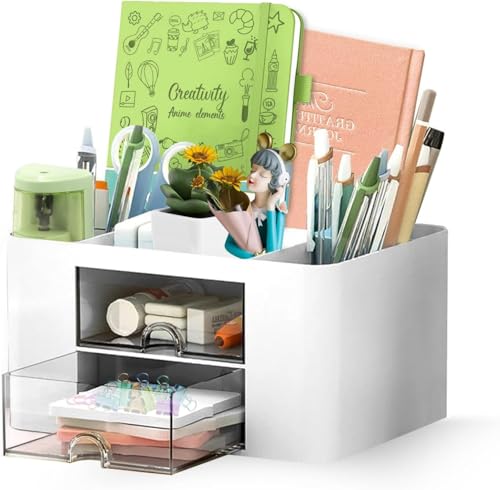 Shuttle Art Desk Organizer with 2 Drawers | Multi-Functional Stationery Holder for Office, Study Table, Home | 5 Compartment Pen, Pencil, Marker Stora