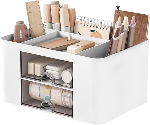 UCRAVO Plastic Multi-Functional Desk Organiser with 5 Compartments and 2 Drawer Desktop Office Supplies Stationery Storage Box Cosmetic Organizer for 