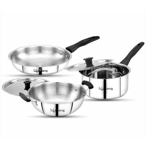 5 Piece Stainless Steel Cookware Set|2.2L Kadhai with Lid 22cm|1.4L Fry Pan 22cm|1.2L Saucepan 16cm|Comes with Two Lid|Induction & Gas Compatible|Bake