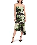 Siena — Siena Women's Removable Straps Bandeau Printed Stretch Mesh Asymmetrical Midi Dress, Multi