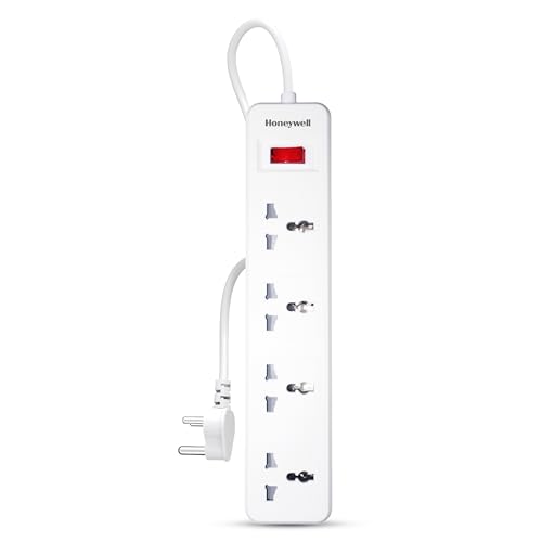 Honeywell 4 Outlet Extension Board with Master Switch, 6 Amps, 250V, 4 International Sockets, Pure Copper, 6 Advanced Safety Features, 2 Meter Power C
