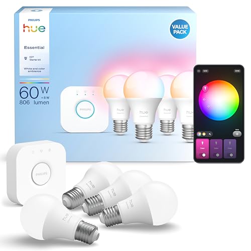 (-29%) Philips Hue Essential Starter-Set: Bridge + 4x E27 Smart LED Lampen