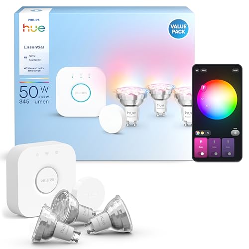🔥 STARKER PREIS (-35%) Philips Hue Essential Starter-Set: Bridge + 3 Essential GU10 Smart Leuchtmittel + Smart Button, White und Color Ambiance LED Licht, 2200-6500K, dimmbare LED Lampen, steuerbar mit Sprachassistenten