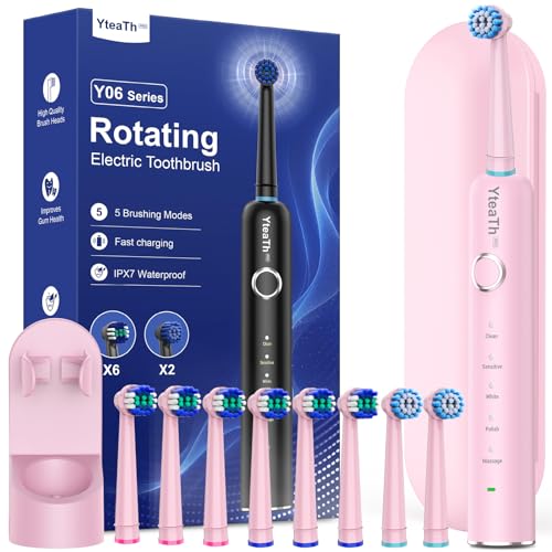 (-27%) Rotierende Elektrische Zahnbürste für Erwachsene und Kinder mit 8 Aufsteckbürste, Electric Toothbrush mit Wandhalterung Ladestation, 5 Putzmodi und Reiseetui, 60 Tage Akkulaufzeit (Rosa)