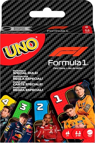 🔥 STARKER PREIS (-38%) Mattel Games UNO F1 Kartenspiel für Kinder, Familien, Reise und Camping mit Bildern aus der Welt der Formel-1-Rennen, JMF10