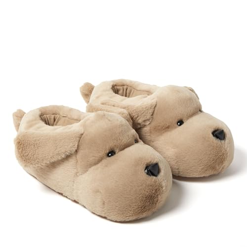 Dearfoams Women's CozyFoams Plush Animal Slippers – Fuzzy Character House Shoes Memory Foam Comfort, Brown Dog, Medium