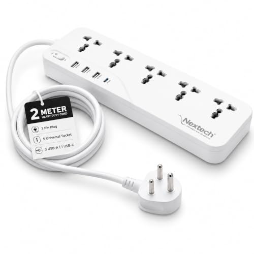 Nextech 9-in-1 Extension Board with 20W Type-C PD, 3 USB Ports, 5 Universal Sockets & 2M Long Cord, 2500W Power Strip Surge Protector with Switches fo