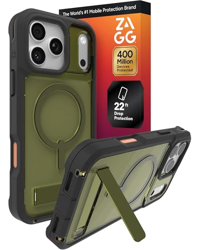 ZAGG Rainier Case with Kickstand for iPhone 17 Pro Max - Green Sea Kelp, Graphene 22ft (7m) Drop Protection, Lanyard Attach Points, MagSafe, Wireless Charging Compatible, 2-Piece Design, Phone Case