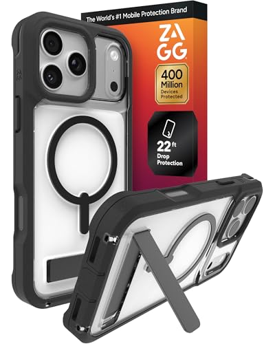 ZAGG Rainier Case with Kickstand for iPhone 17 Pro Max - Black, Graphene 22ft (7m) Drop Protection, Lanyard Attach Points, MagSafe, Wireless Charging Compatible, 2-Piece Design, Phone Case