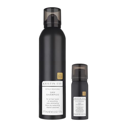 Kristin Ess 2-in-1 Bundle Home & Travel Size Dry Shampoo Spray for Oily Hair - Absorbs Oil, Adds Volume, Style Extender + Fragrance Refresher - Sulfate-Free, Vegan + Color Safe - Fresh Pear Fragrance Dry Shampoo + Travel Dry Shampoo