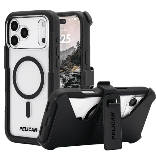 Pelican Voyager iPhone 17 Pro Max Case [Compatible with MagSafe] Rugged Phone Case, 24ft Military-Grade Drop Protection - Heavy Duty Cover w/Belt Clip Holster for iPhone 17 Pro Max - Black/Clear