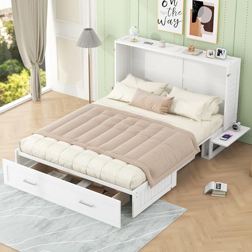 Ball & Cast Mobile Murphy Bed Queen Size with A Big Storage Drawer and 2 Bedside Shelves on Each Side,Hideaway Foldable Fold-Down Bed w/Slat Support,Space-Saving Bedframe for Bedroom,White