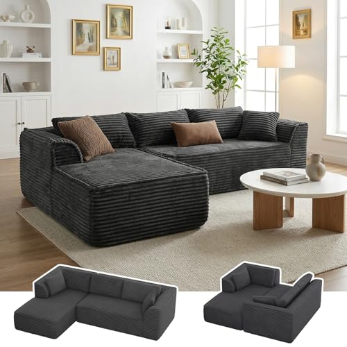 Vesgantti 106" Boneless Couch with Chaise, Deep Seat Comfy Cloud Modular Sofa Corduroy Memory Foam Sectional Couches for Living Room Bedroom, No Assembly Required (Grey, Left-Facing Chaise)