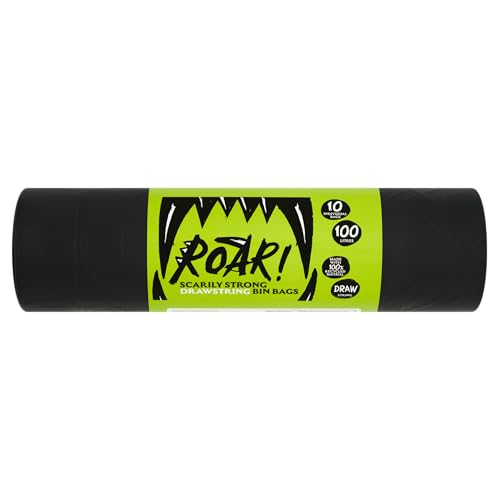 Roar! Bin Bags 100 Litres, 10 Double Drawstring Ultra Strong Black Refuse Sacks, 100% Recycled Plastic, Everyday Use, Household, Office & Kitchen Waste