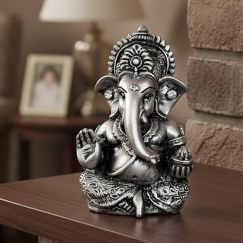 Elegant Resin Ganesha Idol for Home Temple Décor, Lord Ganpati Murti for Pooja Room, Car Dashboard, Gift Item | Color: Metallic
