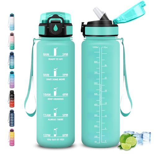 ⚡ BLITZDEAL (-52%) Trinkflasche 1l, Trinkflasche mit Strohhalm, Wasserflasche Sport, Leicht zu Reinigen, Wasserflasche mit Zeitmarkierung, Auslaufsicher, Flasche für Fahrrad, Yoga, Schule, Camping, Wandern, Running