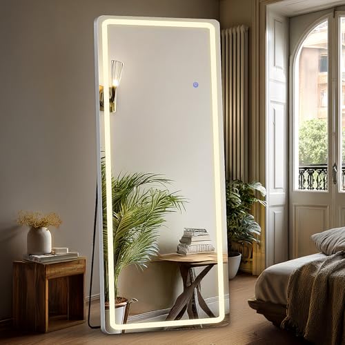 DUMOS LED Full Length Mirror, 21"×64" Floor Standing Mirror with 3 Color Lights & Wall Mounted for Bedroom, Dressing Room, Living Room, Bathroom