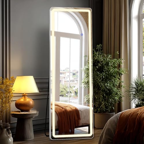 DUMOS LED Full Length Mirror, 16"×60" Floor Standing Mirror with 3 Color Lights & Wall Mounted for Bedroom, Dressing Room, Living Room, Bathroom