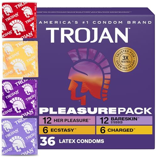 Trojan Pleasure Pack, Assorted Latex Lubricated Condoms for Men, Her Pleasure, Bareskin Studded, Ecstasy & Charged Varieties, 36 Count