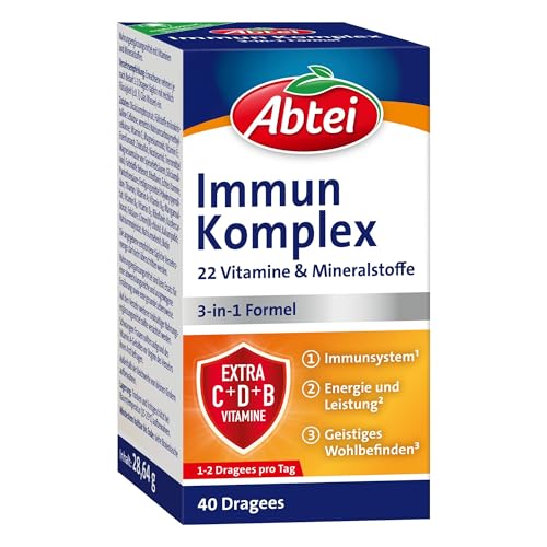 🔥 STARKER PREIS (-31%) Abtei Immun Komplex - Nährstoff-Komplex mit 22 Vitaminen & Mineralstoffen - 3-in-1 Formel für Immunsystem, Energie und geistiges Wohlbefinden - Glutenfrei, gelatinefrei & laktosefrei – 1 x 40 Dragees