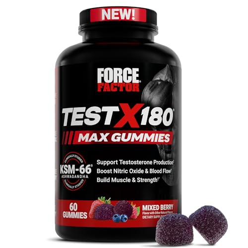 Force Factor Test X180 Max Gummies, KSM-66 Ashwagandha Gummies to Support T Levels, Boost Strength, Energy & Vitality, Build Muscle Mass & Performance, Mixed Berry, 60 Gummies
