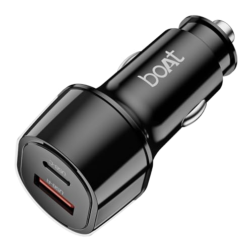 Boat 55W Car Charger with Dual Port USB-A and USB-C; Supports QC, PD & PPS Advanced Charging Protocols | 12-Layer Smart IC Protection | Compact, Light