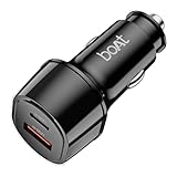 Boat 55W Car Charger with Dual Port USBA and USBC Supports QC PD PPS Advanced Charging Protocols 12Layer Smart IC Protection Compact Lightweight Heat Scratch Resistant Carbon Black
