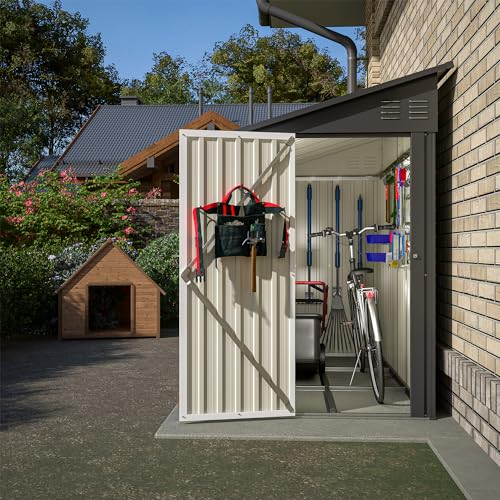 YOPTO 4×8 FT Outdoor Metal Storage Shed,Heavy-Duty Lean to Storage Shed with Floor Base,Garden Tool Metal Storage House W/Lockable Door and 2 Air Vents,Weather Resistant,for Backyard,Patio,Lawn,Black