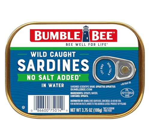 Bumble Bee Sardines in Water with No Salt Added, 3.75 oz Tin - Wild Caught, Gluten Free, Keto, Kosher, Clean Ingredients
