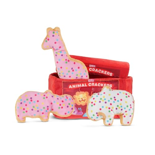 Barkbox Animal Squeakers Multi-Part Dog Toy – 4-in-1 Plush Toy Set with Treat-Hiding Crinkle Box & Three Squeaky Cookies – Fun Play for X-Small to Small Dogs