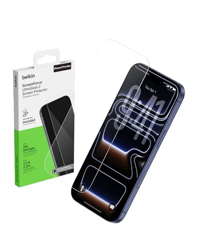 Belkin ScreenForce UltraGlass 2 Screen Protector for iPhone 17 Pro Max, 25X Stronger Glass, Scratch-Resistant & Impact Protection, Easy Align Tray for Bubble-Free Application, Made with Recycled Glass