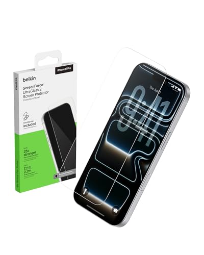 Belkin ScreenForce UltraGlass 2 Screen Protector for iPhone 17 Pro, 25X Stronger Glass, Scratch-Resistant & Impact Protection, Easy Align Tray for Bubble-Free Application, Made with Recycled Glass