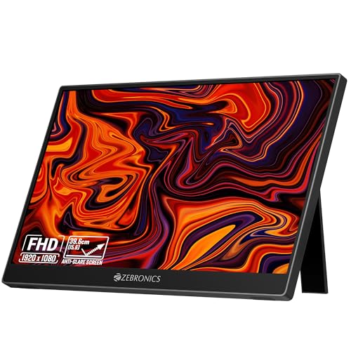 Zebronics 15.6” Portable Monitor, FHD 1080p, 60° Adjustable Stand, 16:9 Aspect Ratio, 250Nits, 16.7M Colors, Type-C PD Input, Type-C Input, Mini HDMI,