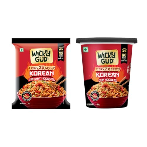 WickedGud Fiery 2X Spicy Korean Noodles, Instant Pack and Cup Combo, Whole Wheat, No Maida, No Palm Oil, Vegetarian, 67g & 69g