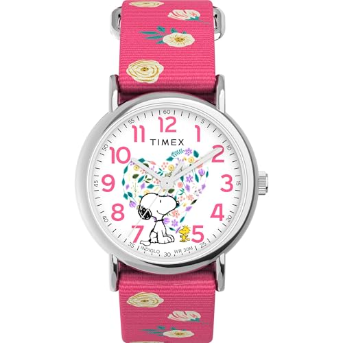 Timex Women's Peanuts Weekender Floral 38mm Watch - Pink Strap White Dial Silver-Tone Case