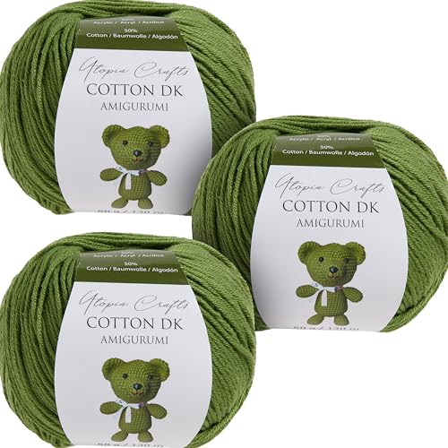 Utopia Crafts Amigurumi Cotton DK Yarn for Crochet and Knitting 50% Cotton, 50% Acrylic Blended, 3X 50g (Olive Green)
