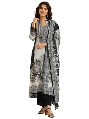 Black Floral Printed Silk Blend Straight Kurta Set for Women Suit