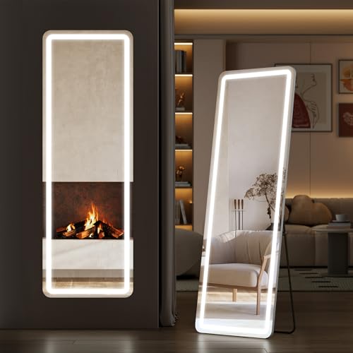 Sweetcrispy Full Length Mirror with LED Lights, 61"x17" Lighted Floor Mirror with Dimming & 3 Color Lighting, Stand for Bedroom, Dressing Room