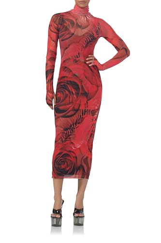 AFRM Women's Shailene Turtleneck Long Sleeve Mesh Bodycon Midi Dress, Placed Large Rose